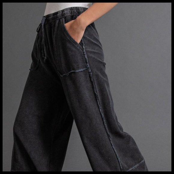 EASEL "Criss Cross" Cotton Mineral Washed Flared Wide Cropped Leg Palazzo Pants - Picture 3 of 11